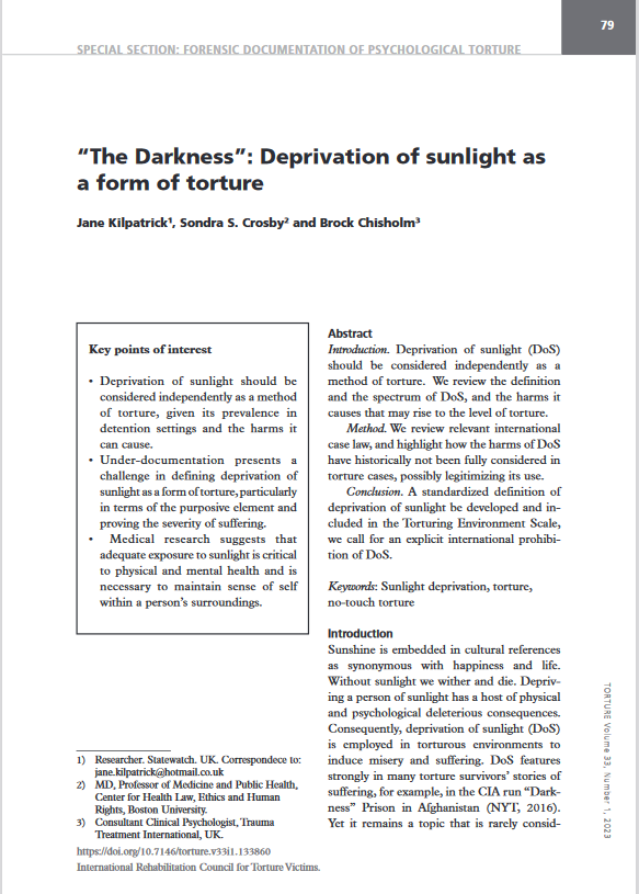 JaneVKP's tweet photo. It's been a long time coming: @sondracrosby16 @BrockChisholm and I are happy to announce that our article "The Darkness: Deprivation of sunlight as a form of torture" is published in the Journal on Rehabilitation of Torture Victims &amp; Prevention of Torture
https://t.co/XCnXpCK3DI https://t.co/2mMz8cYsf3
