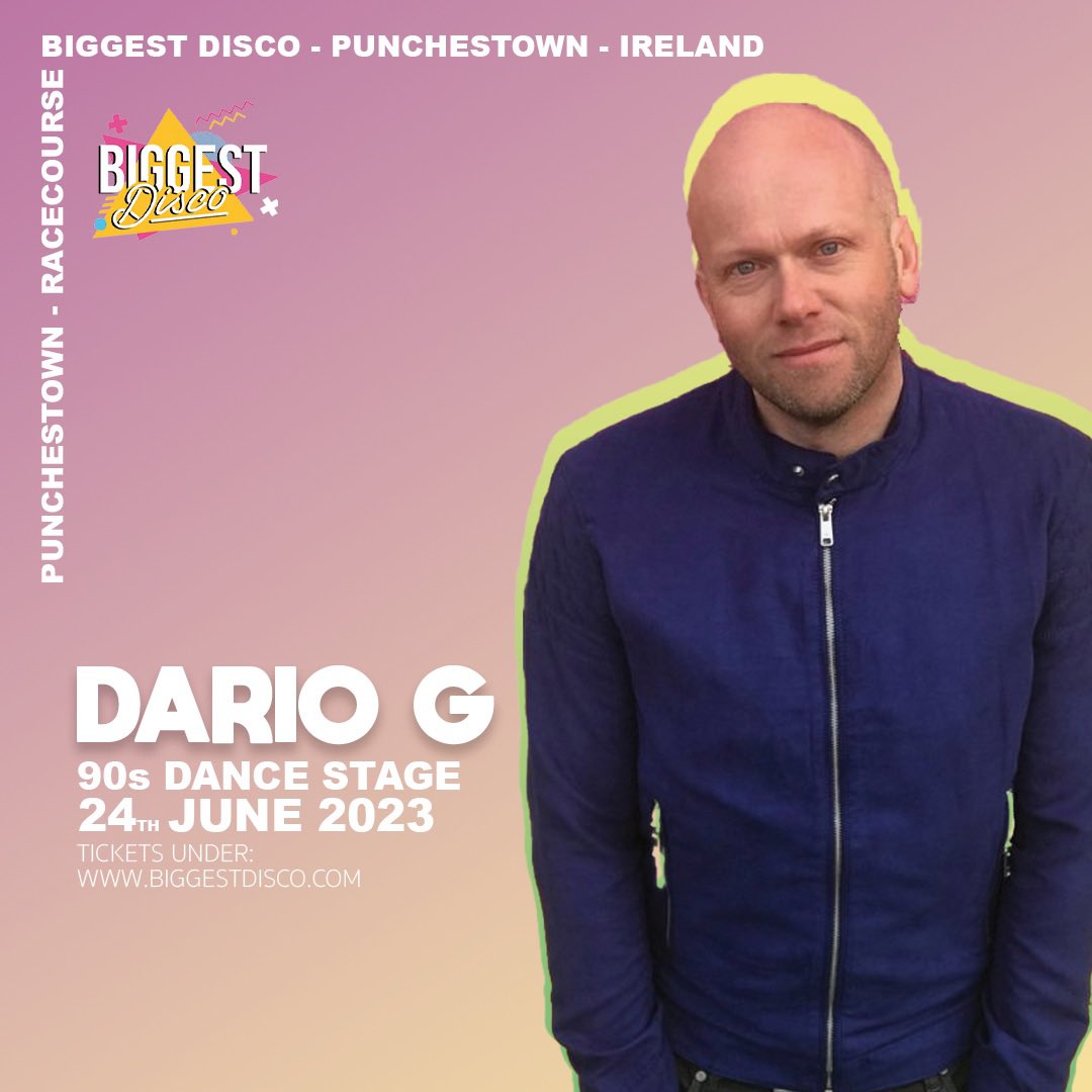 Biggest disco festival, Punchestown Racecourse 24.06.2023

Performing at 90’s stage 

Paul Spenser better known by his stage name Dario G is an English musician. 

He is best know for his single 
“Sunchyme” youtu.be/yFKhgF_vkgs

More info and tickets : biggestdisco.com