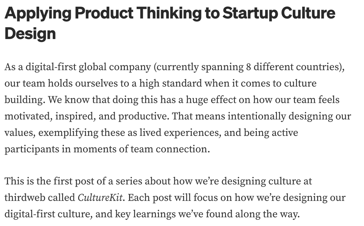 Our friends at @thirdweb just launched CultureKit: a series of posts about how they're designing culture at thirdweb, and ways you can apply it to your own team. 

Check it out 👇🏼

 medium.com/thirdweb/apply…
