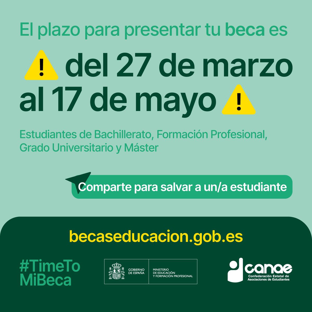 CANAE's tweet photo. 🔴 ABIERTO EL PLAZO DE SOLICITUD DE BECA @educaciongob 🔴 

👉🏼 Bachillerato, FP, Enseñanzas de Régimen Especial, Grado Universitario y Máster

➡️ Entra en https://t.co/pbnj5wWbRe y a través de la Sede Electrónica, presenta tu beca 2023/24

#TimeToMiBeca https://t.co/EC89BIGeuo