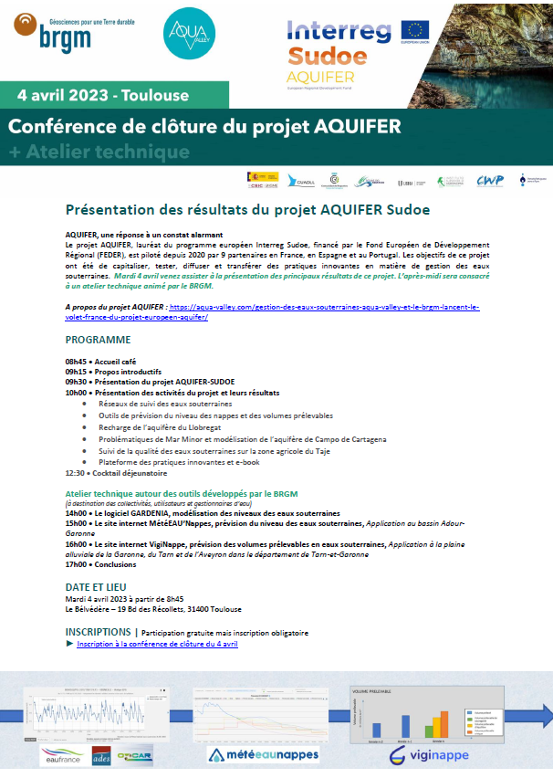 [CONFERENCE CLÔTURE PROJET AQUIFER SUDOE] - TOULOUSE

Venez découvrir les #résultats du projet #AQUIFER lors de sa conférence de clôture qui se tiendra à Toulouse (📍Belvédère - 19 Bd des Récollets, 31400 Toulouse) le mardi 4 avril prochain.

👉Participez:
lnkd.in/eAvzqz_c