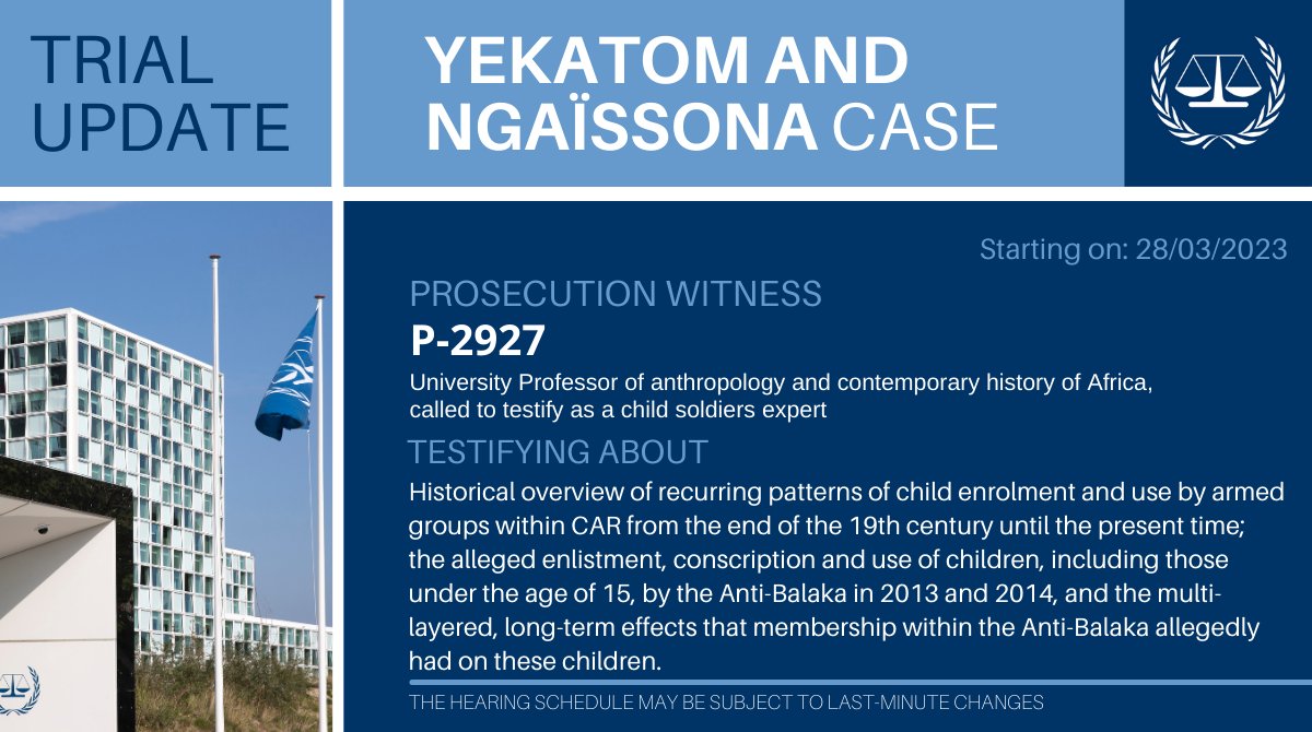 #Yekatom & #Ngaïssona trial update #ICC: The 64th witness called by the Prosecution – Witness ‘P-2927’ – will start testifying tomorrow ⬇
📺 Watch it on 28/03 at 10:00 (CET) in Courtroom 1: bit.ly/3v7Xq0S 
📖 Case info: bit.ly/33OWYnW #CentralAfricanRepublic