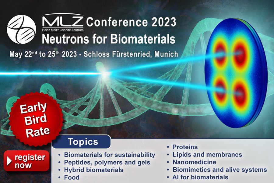 mlz_garching's tweet photo. Only 3 days left until the early bird registration and abstract submission for the #MLZConference on #Neutrons for #Biomaterials close.🐦
👉https://t.co/kJPGfK9mge
#AI #Proteins #sustainability #biometics #polymers https://t.co/c9zF6WH0uZ