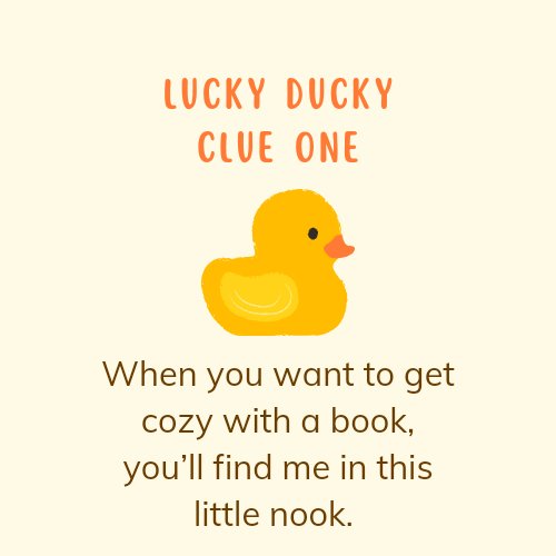 BCentralLibrary's tweet photo. The Lucky Ducky Scavenger Hunt is on! Here is your first clue, and the bonus! Don't forget, if you find a tiny ducks hidden around the school it is yours to keep! @BCentralSchool #scavengerhunt #ducks #library https://t.co/op7cZJVYXG