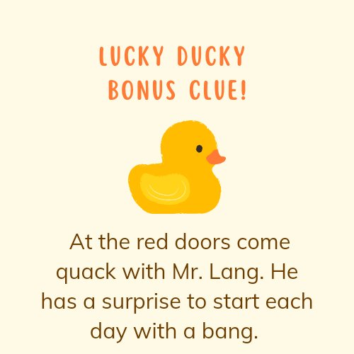 BCentralLibrary's tweet photo. The Lucky Ducky Scavenger Hunt is on! Here is your first clue, and the bonus! Don't forget, if you find a tiny ducks hidden around the school it is yours to keep! @BCentralSchool #scavengerhunt #ducks #library https://t.co/op7cZJVYXG