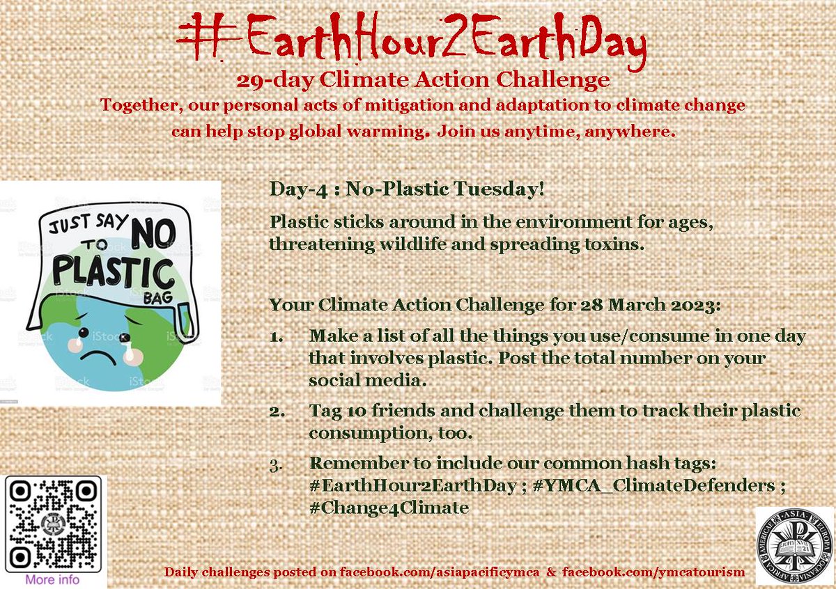 asiapacificymca's tweet photo. Here's your Climate Action Challenge for Day-4 (28 March 2023)
Let us know you are participating https://t.co/UgwWGN68lV
Please help amplify the campaign.
#EarthHour2EarthDay
#YMCA_ClimateDefenders
#Change4Climate
#YMCASustainablePlanet https://t.co/nx3Fz9PCjh