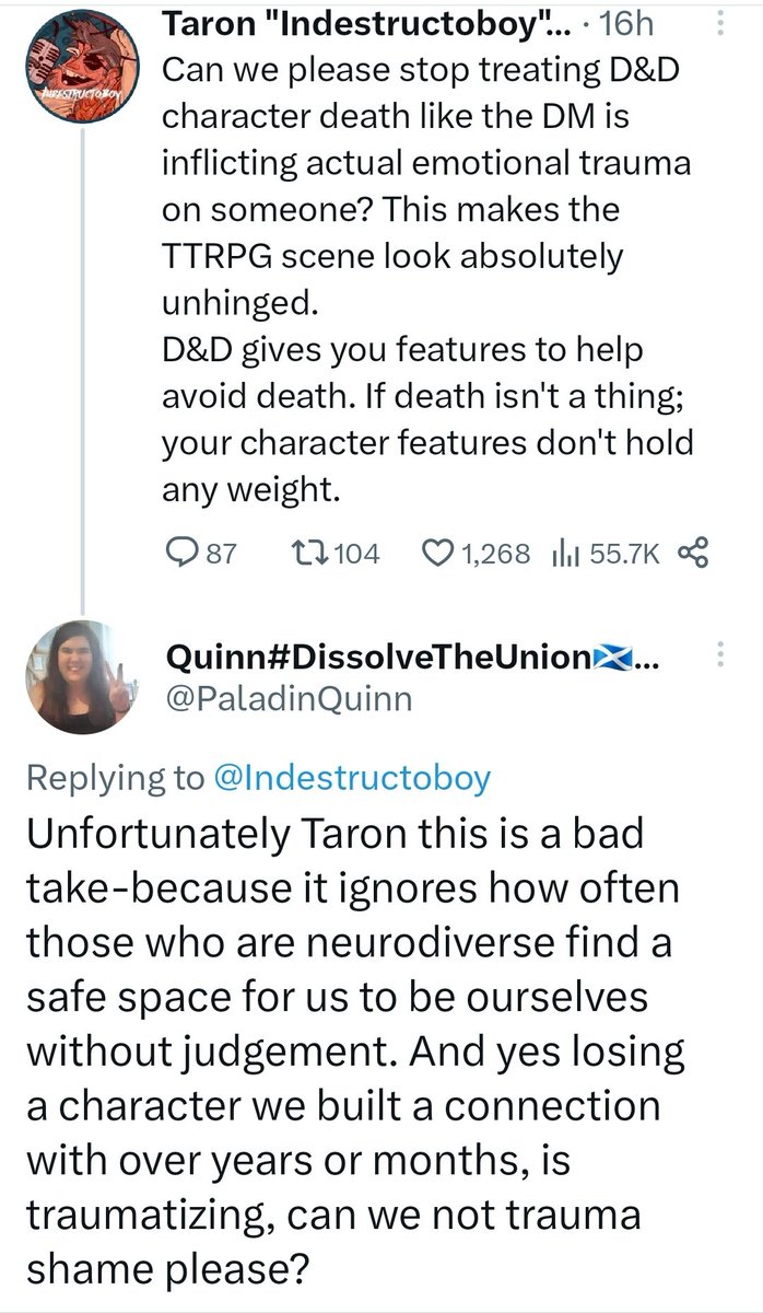 thetshirtedone's tweet photo. Psst. You're not supposed to "be yourselves". You're playing a character. Tieflings don't exist. Elves don't exist. You will never be one no matter how hard you try to convince yourself that you are. You cannot be permanently injured playing a ttrpg unless you're already unhinged https://t.co/jIlV1nmnjt