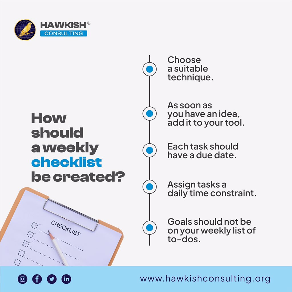 Always keep up with your critical tasks and weekly to-do lists. So that you can accomplish more of your long-term goals in less time. Welcome to the New Week #hawkishconsulting #checklist #todolist #motivation #goals #tips #planner #business #selfcare