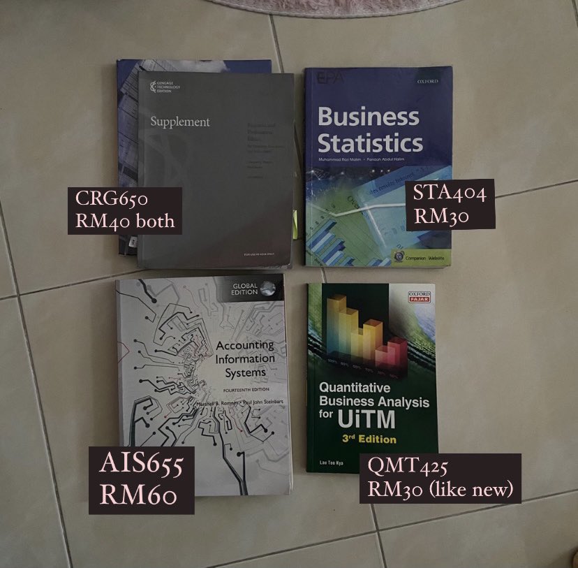 blosom_flourish's tweet photo. ✨AC220 BOOKS FOR SALE✨

CRG650
AIS655
QMT425
STA404

-Price refer picture-

Boleh beli dekat shopee
Link : https://t.co/2b6Elpn9Zv…

@abaccsuitm @SMFPerakaunan  @meba_official https://t.co/giaqQRR5vu