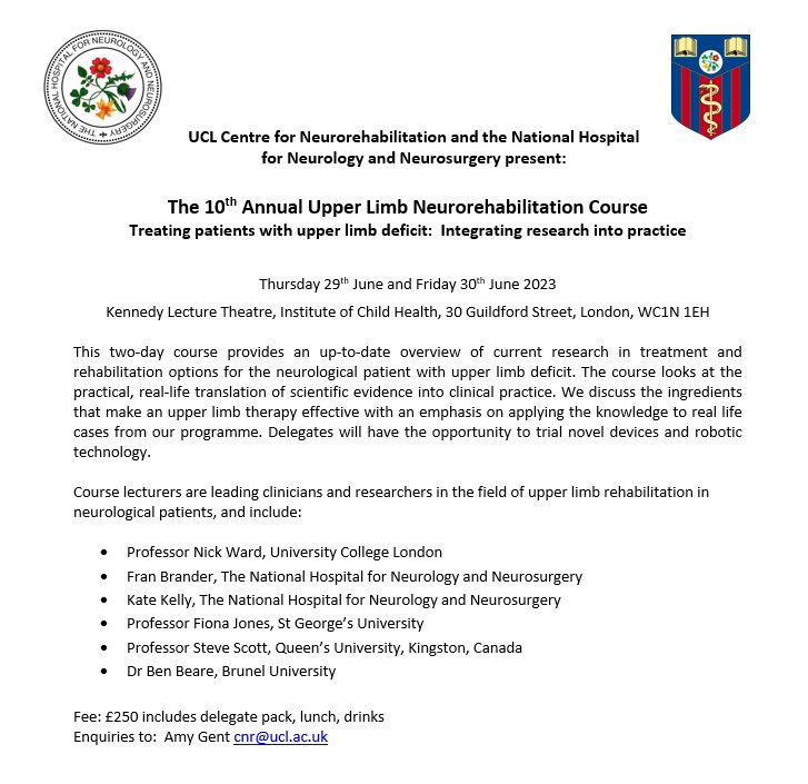 Registration for the 10th annual Queen Square Upper Limb Neurorehabilitation course is now open! Interpreting the research plus more focus on real life clinical cases from our own treatment programme onlinestore.ucl.ac.uk/conferences-an…
