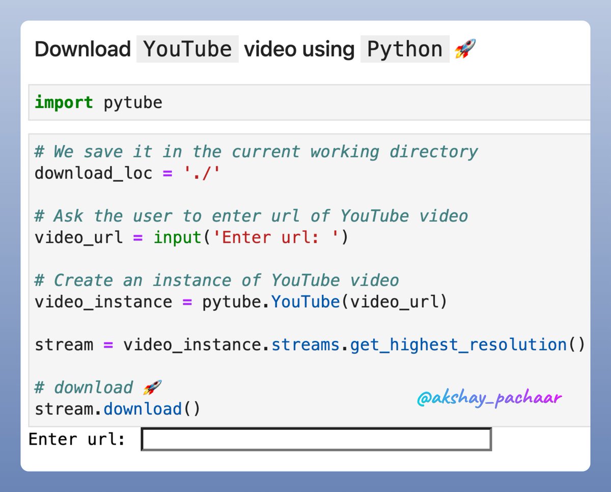 akshay_pachaar's tweet photo. Python is powerful! 🔥

You can download a YouTube video in like 5 lines of code 🚀

Check this out 👇 https://t.co/sLe9jGiuQt