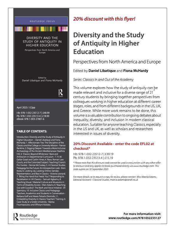 Psyched to share that Diversity and the Study of Antiquity in Higher Education has a pub date of 4/12/23! Our contributors have productive thoughts about diversity in our field &amp; we hope that the volume inspires important conversations. 20% off with this flyer! <a href="/UoRClassics/">Roehampton Classics</a>