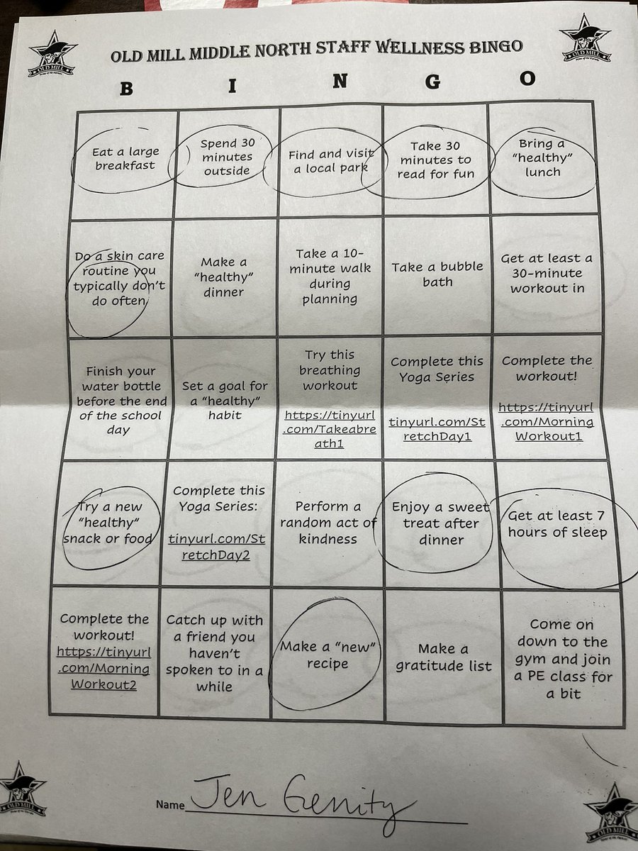 Spirit week at OMMN! Congratulations to Ms. Gerrity on winning Wellness Bingo. #OMMNPride #AACPSAwesome