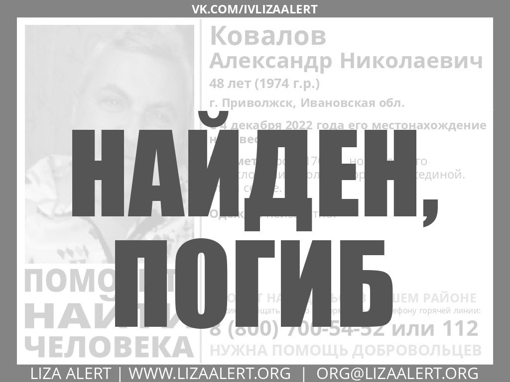 Найден, погиб.

#Ковалов Александр Николаевич, 48 лет,  #г_Приволжск

Выражаем соболезнования родным и близким.

#Приволжск #lizaalert_37 #LizaAlert #ЛизаАлерт