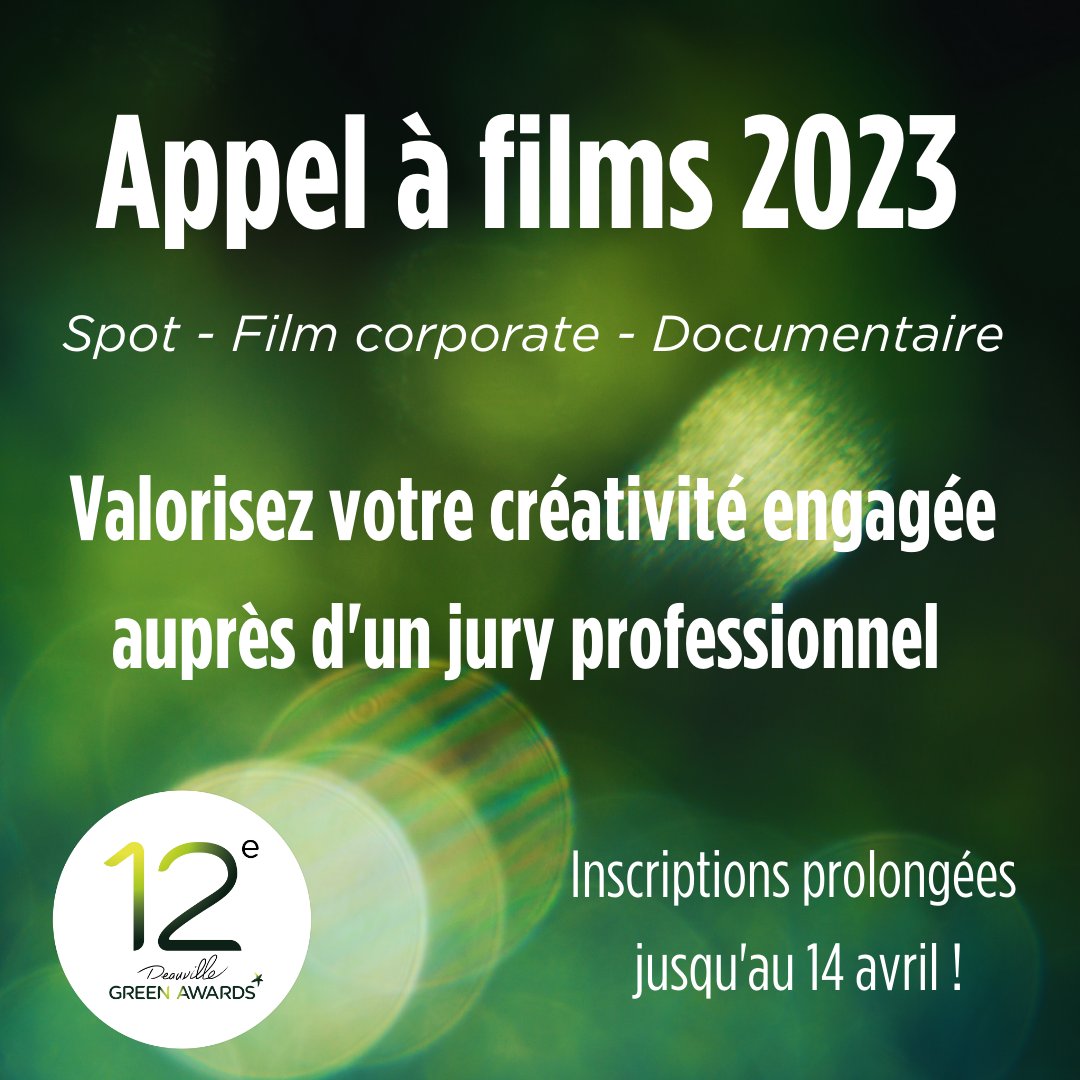 DeauvilleGreenA's tweet photo. [NOUVELLE DEADLINE ! 🎬]

L’appel à films 2023 est prolongé ! Les professionnels ont désormais jusqu’au 14 avril pour inscrire leurs films et passer leur message sous les projecteurs de cette 12ème édition. 

Lien des inscriptions 🎥 : https://t.co/rdKVH1dZSe

#DGA23 #Festival https://t.co/cVfeTUtiUM
