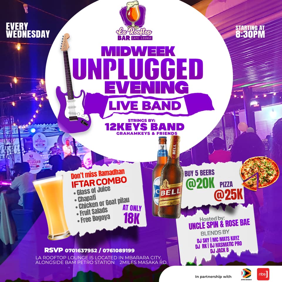 ShowbizUganda's tweet photo. The biggest midweek party is happening this Wednesday at @larooftoplounge featuring #12KeysBand. The event #MidWeekUnpluggedEvening is powered by #AfroMobileApp & NBS @lubegarey446 @EstherBirungi4 @WByarabaha @nbstv https://t.co/GvHCl1Rc3k