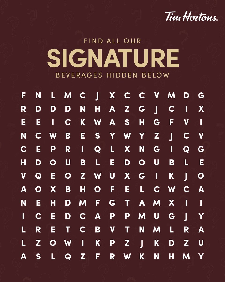 TimHortonsIndia's tweet photo. The names of our signature beverages are hidden in this crossword. 
Can you find them all? Comment below and let us know!

#TimHortonsIndia #TimHortons #CoffeeTime #Foodie #India #CafesInIndia #CoffeeGram #CrosswordGame https://t.co/GqwSWeL4cJ