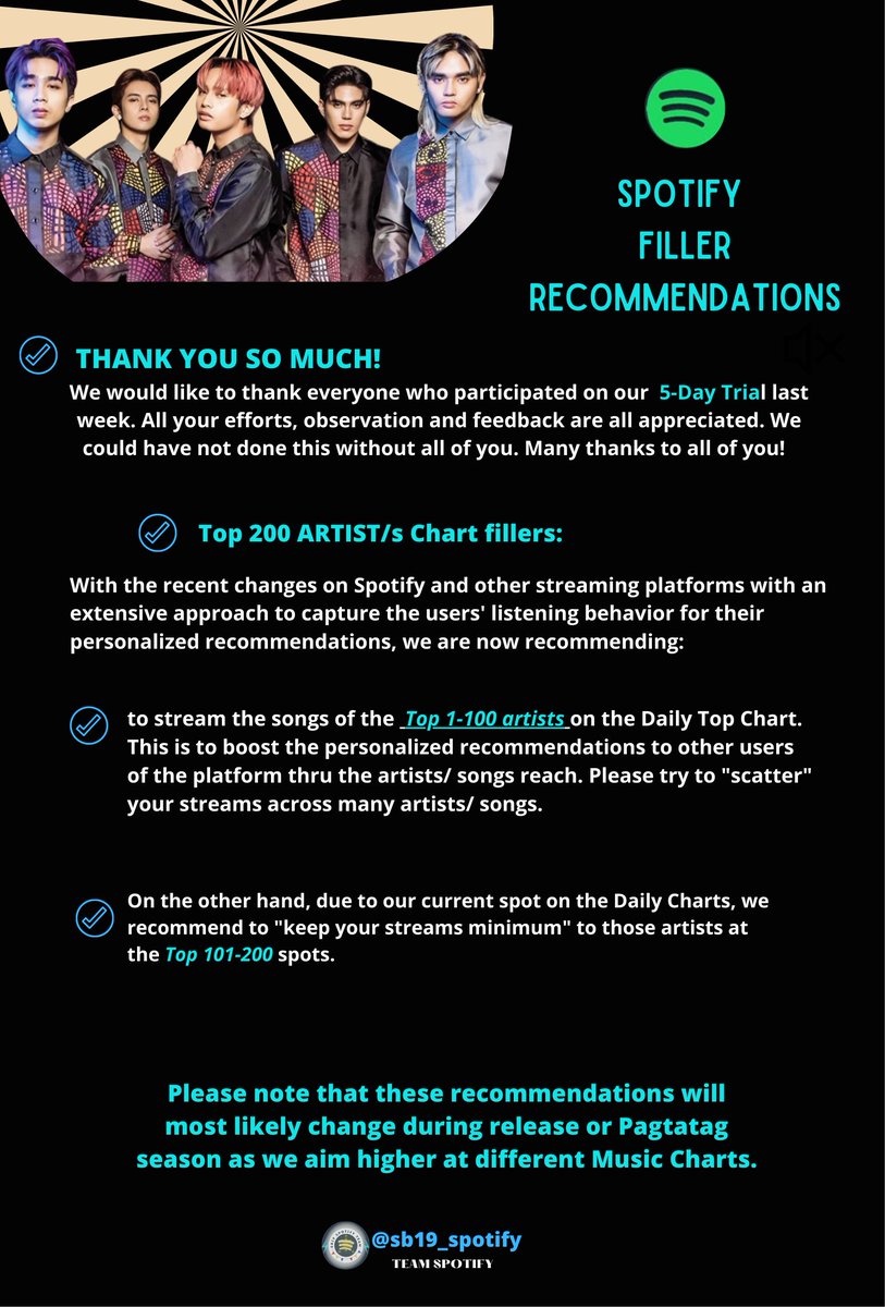 sb19_spotify's tweet photo. We would like to thank everyone who participated on our 5-Day Trial last week. All your efforts, observation and feedback are all appreciated. We could have not done this without all of you. 😍 Many thanks to all of you!
In line with the activity/ trial, please see below recommendations. Please note that these recommendations will most likely change during release or Pagtatag season as we aim higher at different Music Charts. For any questions, please feel free to reach out and let's stream together for @SB19Official #SB19!
