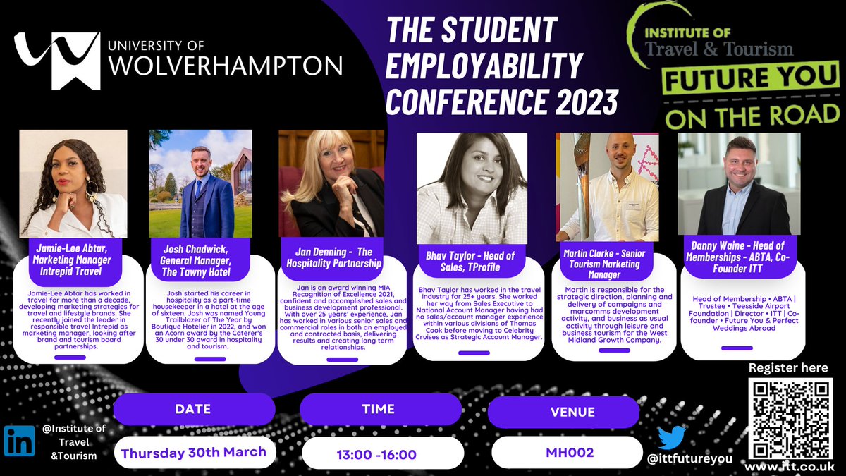 We are so excited to announce our fantastic speakers for our @ITTFutureYouconference on Thursday 30th March 1-4pm. 
<a href="/DNY_W/">✈️ Danny Waine 🏖</a> <a href="/JanDenning/">Jan Denning</a>
 Join us for an afternoon of inspiration and hear just why travel and hospitality are THE best industries to work in! #wlvbusiness