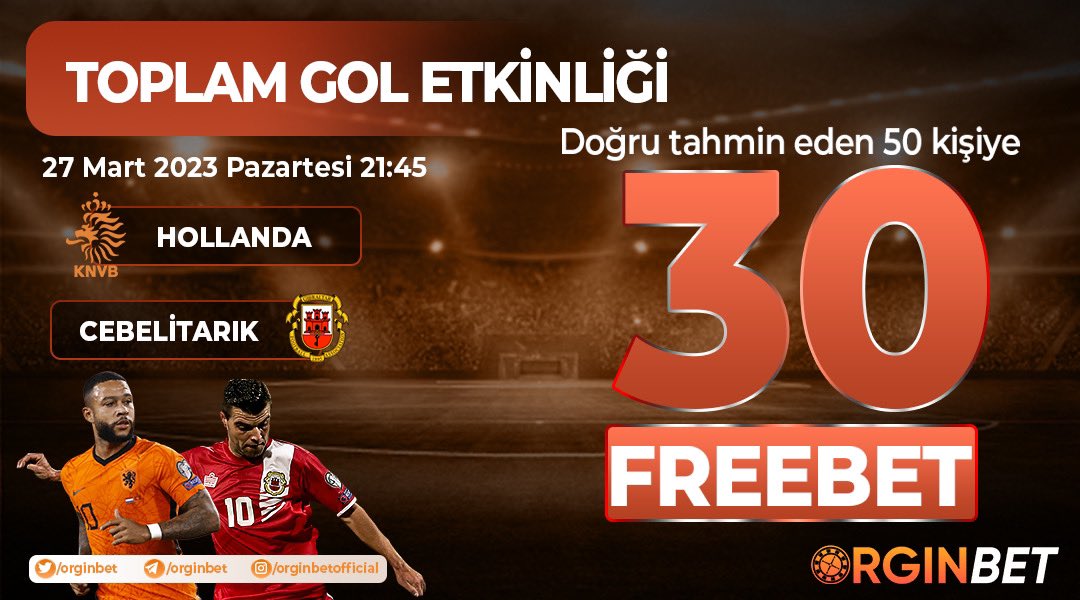 OrginBet's tweet photo. ⚽️ Hollanda - Cebelitarık maçında TOPLAM GOL SAYISINI BİLEN 50 üyemize 30₺

Katılım Şartları👇🏽

- Twitter hesabımızı takip et
- Kullanıcı adınla birlikte tahminini yaz
- 3 arkadaşını etiketle RT ve FAV yapmayı unutma.

Not; Son işlemi Freebet Olan Üyelerimiz Kazanç Sağlayamazlar.