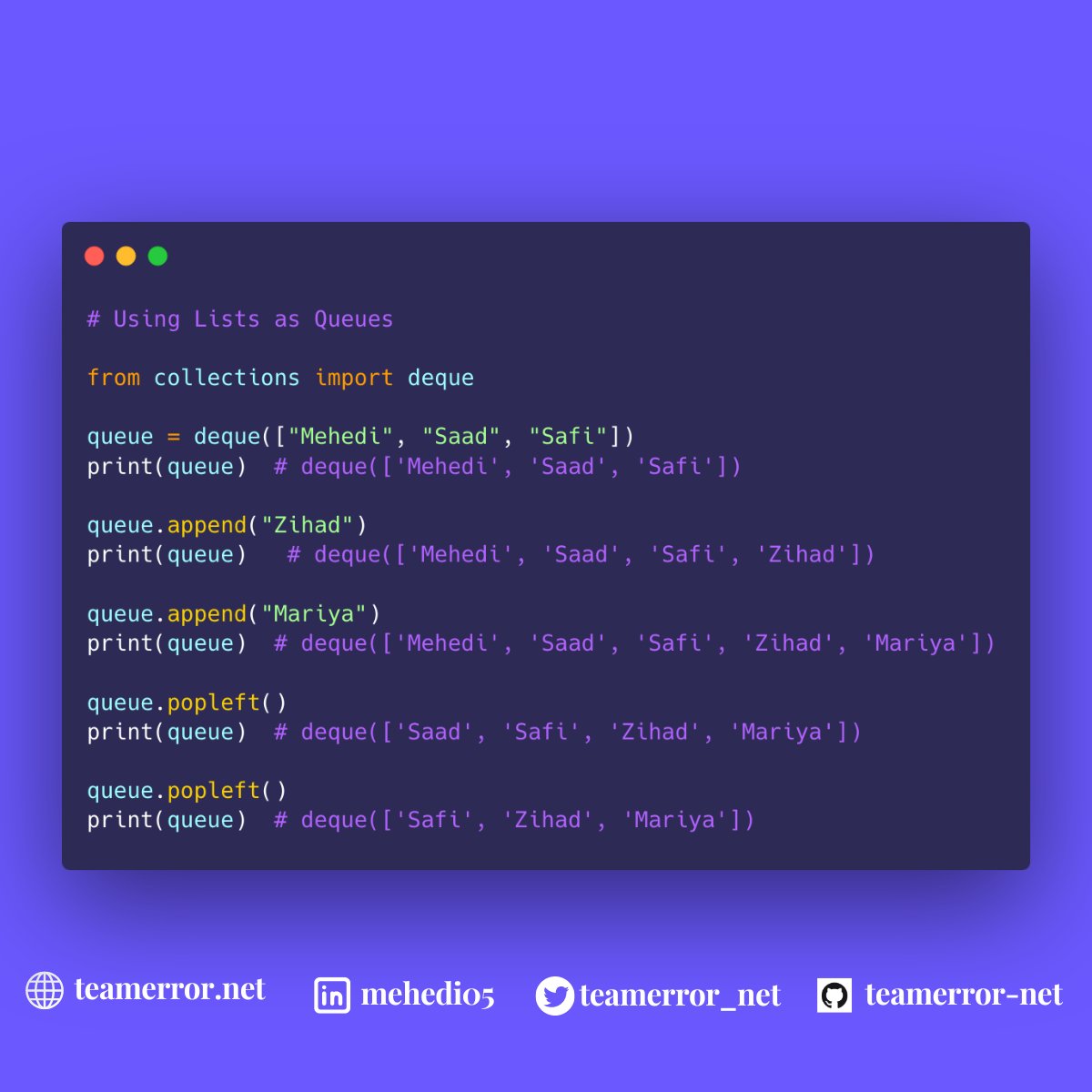 teamerror_net's tweet image. Data Structures
Topic: Using Lists as Queues (FIFO)
#List #Data_Structure #Python #datastructures