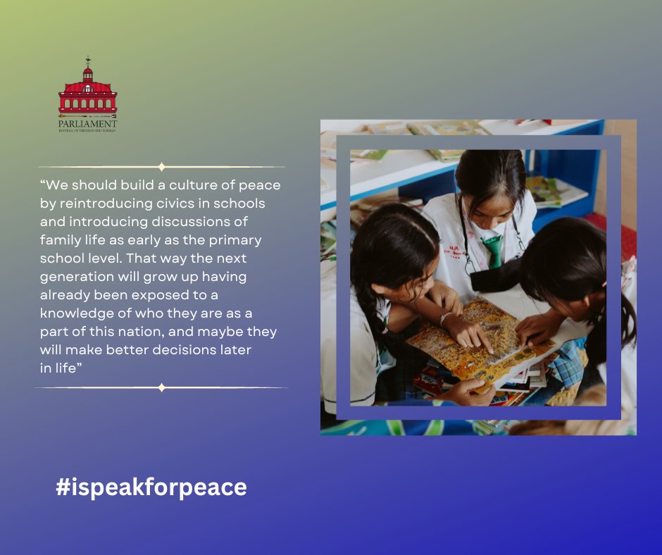 TTParliament's tweet photo. "We should build a culture of peace by reintroducing civics in schools..."
How do you think we can build a culture of peace? What does peace mean to you?
Share your thoughts with us. Use the hashtag #ispeakforpeace and tag us!
https://t.co/QlxfQr6cqG https://t.co/e6eswQvFvI