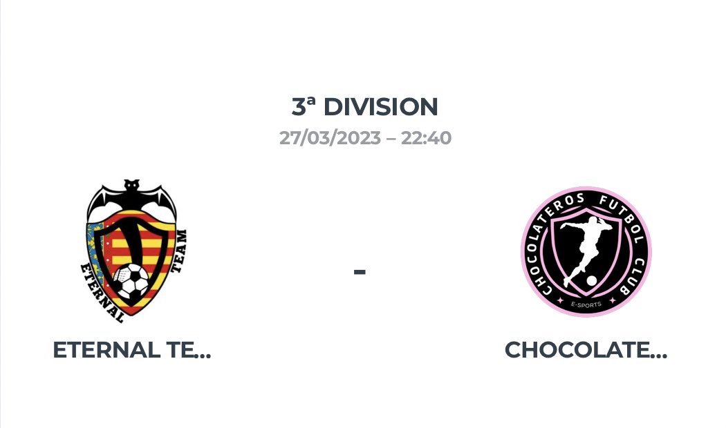CHOCOLATEROS FC 🍫⚽️ (@chocolateros_fc) on Twitter photo Nuestro siguiente partido será a las 22:40 en <a href="/PLGeFootBall/">PLG España</a>
Queremos seguir escalando puestos y hoy nos toca contra <a href="/EterNaL__Team/">Eternal team</a> . Ojalá se vea el mejor fútbol.
#SentimientoChocolatero Nuestro siguiente partido será a las 22:40 en <a href="/PLGeFootBall/">PLG España</a>
Queremos seguir escalando puestos y hoy nos toca contra <a href="/EterNaL__Team/">Eternal team</a> . Ojalá se vea el mejor fútbol.
#SentimientoChocolatero