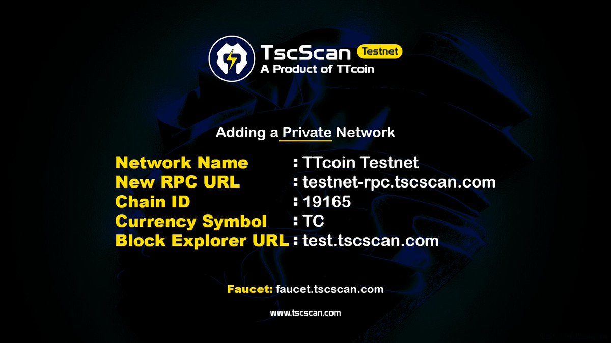 ttcoinofficial's tweet photo. #TTcoin Testnet is live 🎉 

Add #TscScan network to your #MetaMask or similar wallet now.  

💧After adding, request TC from https://t.co/iep0FhFcbP. 

🚧 Testnet is under construction and will be running at full capacity very soon. All details will be shared soon.  Mainnet studies will be published after test network studies are completed.