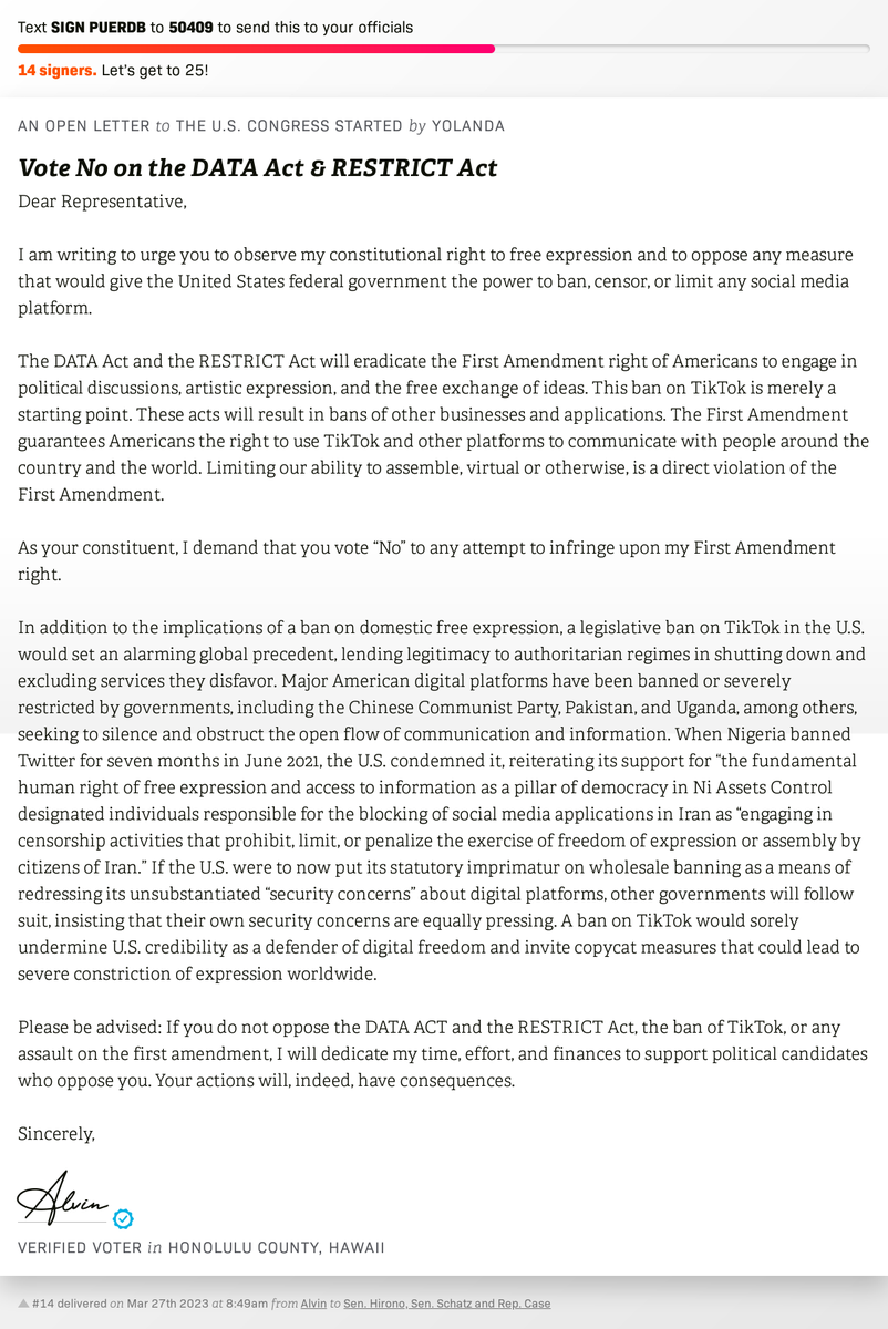 openletterbot's tweet photo. 🖋 Sign Vote No on the DATA Act & RESTRICT Act and I'll deliver a copy to your officials: https://t.co/ree8BHbHZY 📨 No. 14 is from Alvin to @MazieHirono, @SenBrianSchatz and @RepEdCase #HI1 #HIpolitics https://t.co/poQpEmXZFq