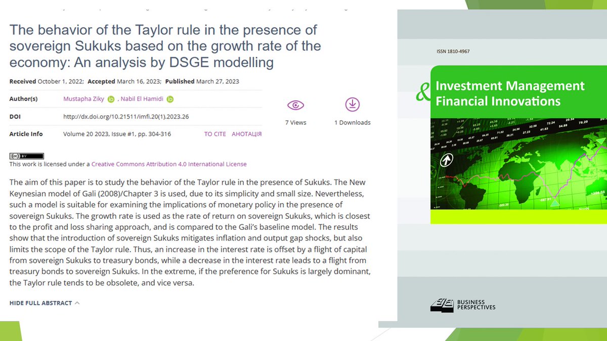 imfi_journal's tweet photo. 🔗 https://t.co/1ElGi9y53M
📝 The behavior of the Taylor rule in the presence of sovereign Sukuks based on the growth rate of the economy: An analysis by DSGE modelling
👥 Mustapha Ziky , Nabil El Hamidi
#DSGEmodel, #monetarypolicy, #profitandlosssharing, #sovereignSukuks https://t.co/pvB97jZgsm