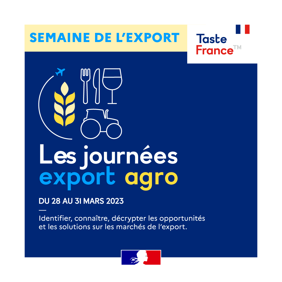 Agri_Gouv's tweet photo. Du 28 au 31 mars, les #JournéesExportAgro reviennent ! Entreprises des secteurs agricole, venez échanger sur le commerce agroalimentaire français à l'international à travers plusieurs webinaires 🌎
Retrouvez le programme et inscrivez-vous ➡ https://t.co/unx1V0u0kF https://t.co/9aIDoLxBg7