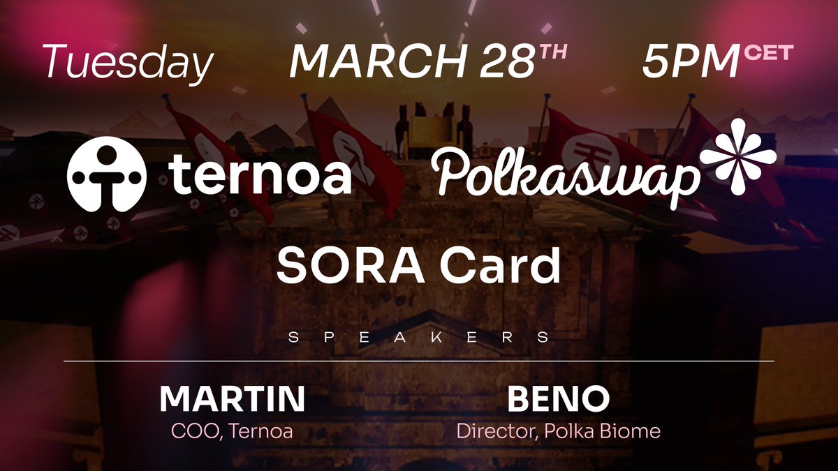 Ternoa x Polkaswap x SORA Card | AMA 🗣️

Speakers: 
Martin Oliviero - COO, <a href="/Ternoa_/">ternoa ⚛</a> 
<a href="/BenoLibre/">Beno</a> - Director, Polka Biome

📅 March 28th, 5pm CET
📍 x.com/i/spaces/1BdGY…

Drop your burning questions in the comments🔥
Speakers will do their best to cover them during the session!