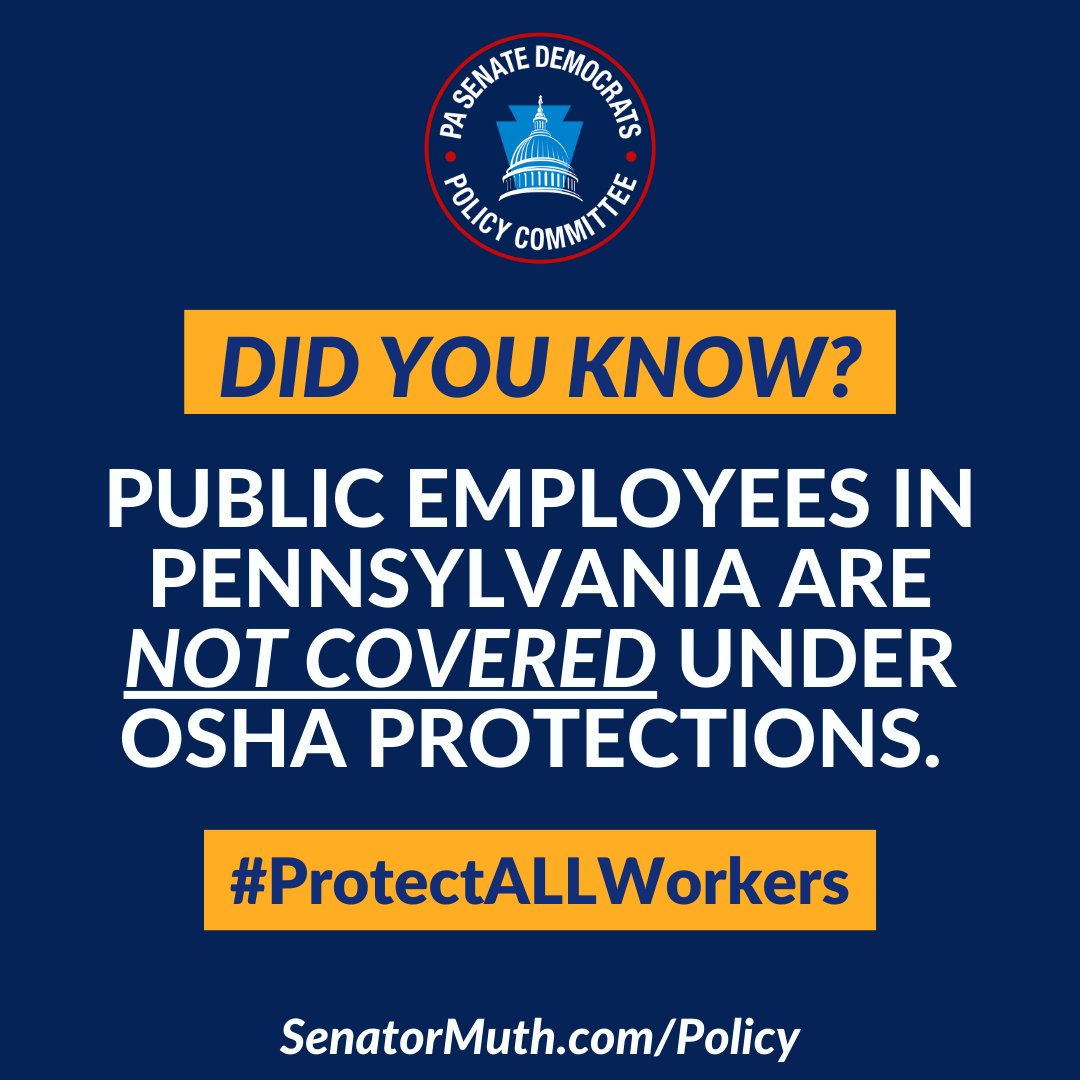PaSenateDems's tweet image. The Joint House &amp;amp; #SenDemPolicy Committee recently heard about the importance of providing OSHA protections for public employees.

In many states, these protections exists for workers. But not here in Pennsylvania.

This is unacceptable and irresponsible. 

#ProtectALLWorkers