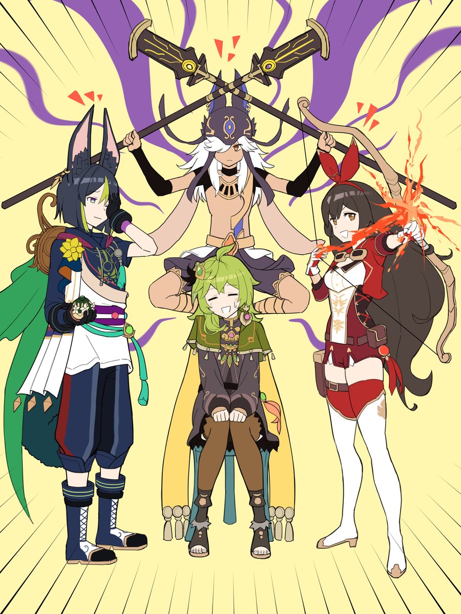 amber (genshin impact) bow (weapon) multiple girls 2girls holding bow (weapon) multiple boys green hair weapon  illustration images