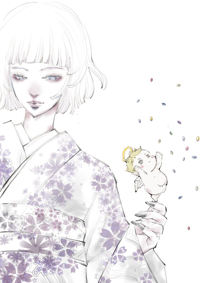 japanese clothes short hair kimono floral print white hair white background 1girl  illustration images