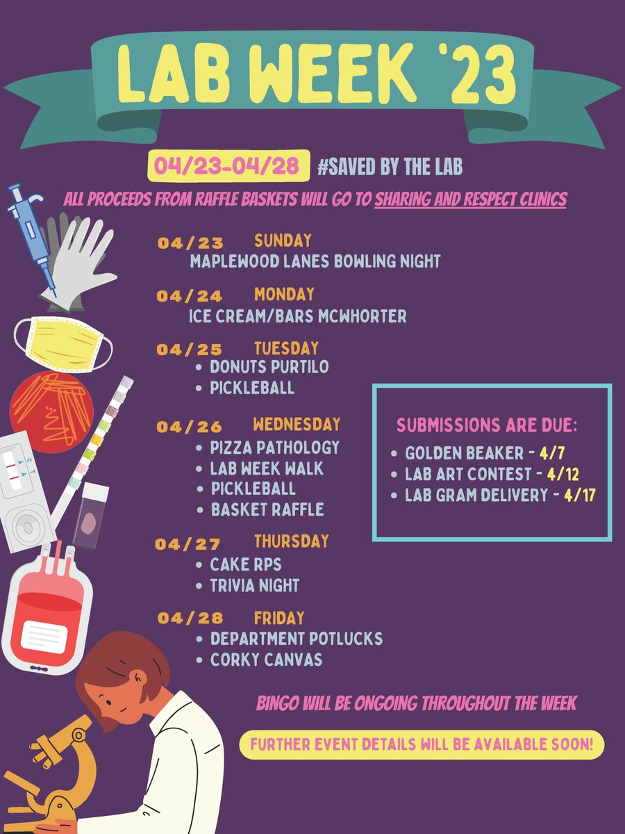 UNMC_PathMicro's tweet image. Why are we looking forward to the month of April? Because it is Lab Week 2023! Look at all the fun things that we have going on to recognize medical laboratory professionals and pathologists who play a vital role in health care and patient advocacy!
#savedbythelab  #ASCPLabWeek23