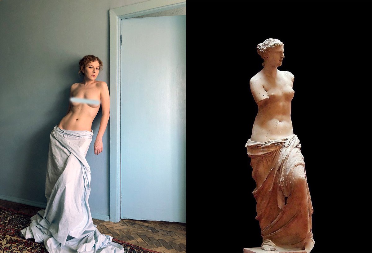 I have always been attracted to the beauty of ancient statues. Perhaps because I have the blood of the Crimean Greeks in me.
I wanted to recreate the statue of Venus of Milo.
I pulled the sheet off my bed, put my hair in a Greek knot, and took this photo.