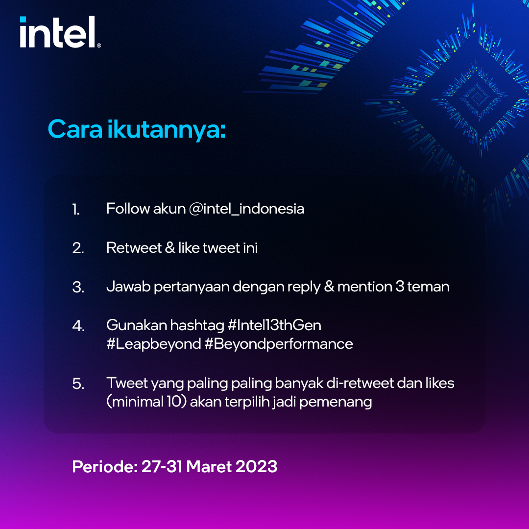 It’s Giveaway Time!
RT & Likes kalo mau headset gaming! 

Yuk cek caranya: Follow @intel_Indonesia, sebutkan 4 keunggulan Intel® Core™ 13th Gen HX-Series yang kamu temukan di image & mention 3 teman buat ikutan. 

#LeapBeyond #BeyondPerformance #GameWithIntel #Intel13thGen