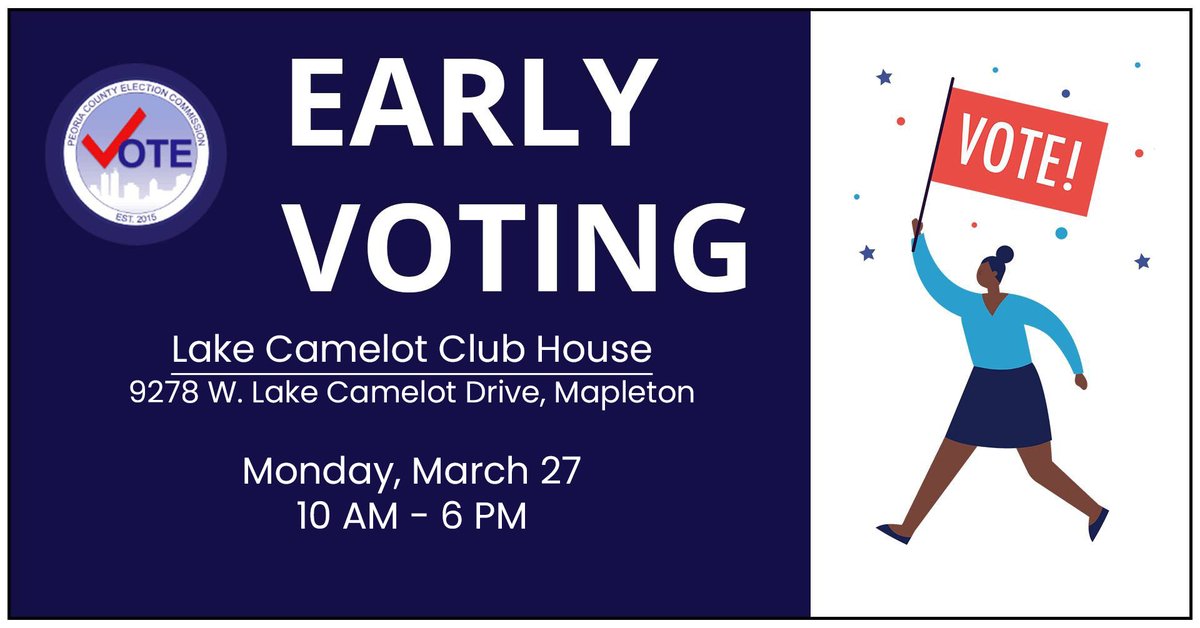 peoriaelections's tweet photo. Early voting in Mapleton today! Head over to the Lake Camelot Club House to place your ballot! Need other locations and hours? Go to https://t.co/68xhSlBRcx https://t.co/BlklGXNddn