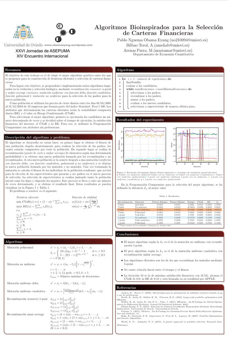 PabloObama's tweet photo. Algoritmos Bioinspirados para la Selección de Carteras Financieras: La inteligencia artificial, combinada con la economía cuantitativa y las finanzas. #DataScientist #IA #asepuma #uniovi https://t.co/T4eo9K9YNq