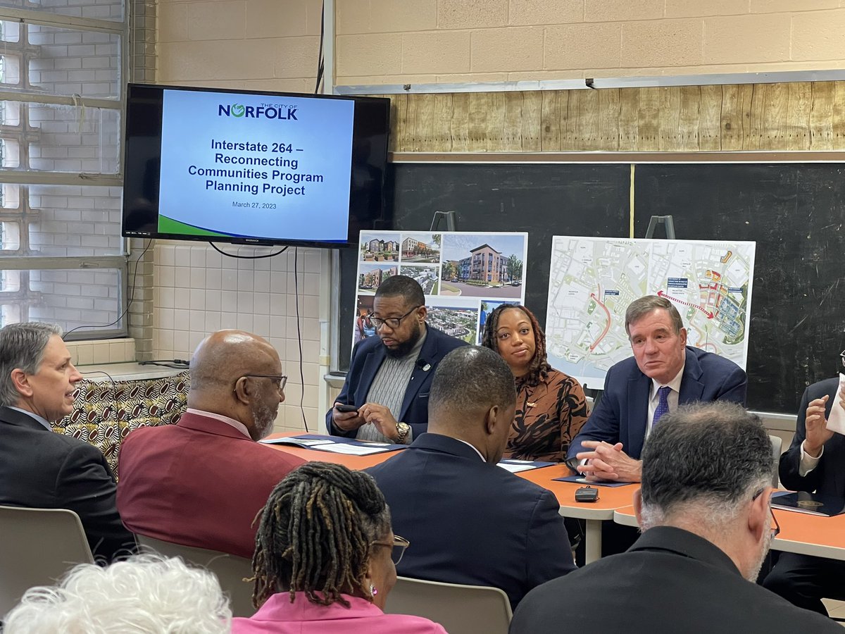 A check of $1,600,000 is being presented to the Norfolk I-264 Reconnecting communities Project. Sen. Mark Warner to speak on the infrastructure work that will be done with the funds