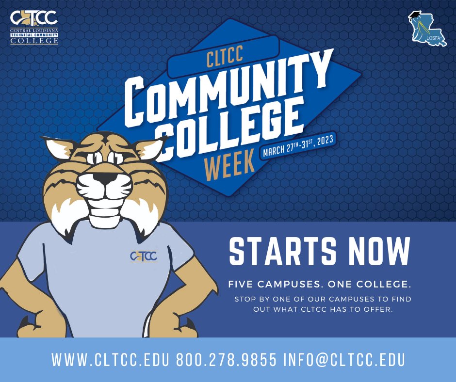 goCLTCC's tweet photo. It's #CommunityCollegeWeek at CLTCC! Visit any of our 5 campuses to:
✔️Learn about the programs we offer
✔️Get help filling out your FAFSA
✔️Try out your skills in the Mobile Lab
✔️And so much more
#CCWeek schedule: https://t.co/HCsMLWcghJ #goCLTCC😸 #BobcatProud🐾 #CLTCC_CCW2023 https://t.co/LGJIQmX9TV