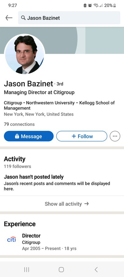 Bernard_Lepson's tweet photo. Well, well, well. #AMC basher, Citigroup fake analyst (Managing Director) Jason Bazinet who gave the recent $1.60 price target lies about having not previously worked for JP Morgan! #christalballexposures #WallStCrooks #shortanddistort $AMC $GME $TRKA $VS $GTII $XELA $PBTS $NKLA https://t.co/srIurLnLRh