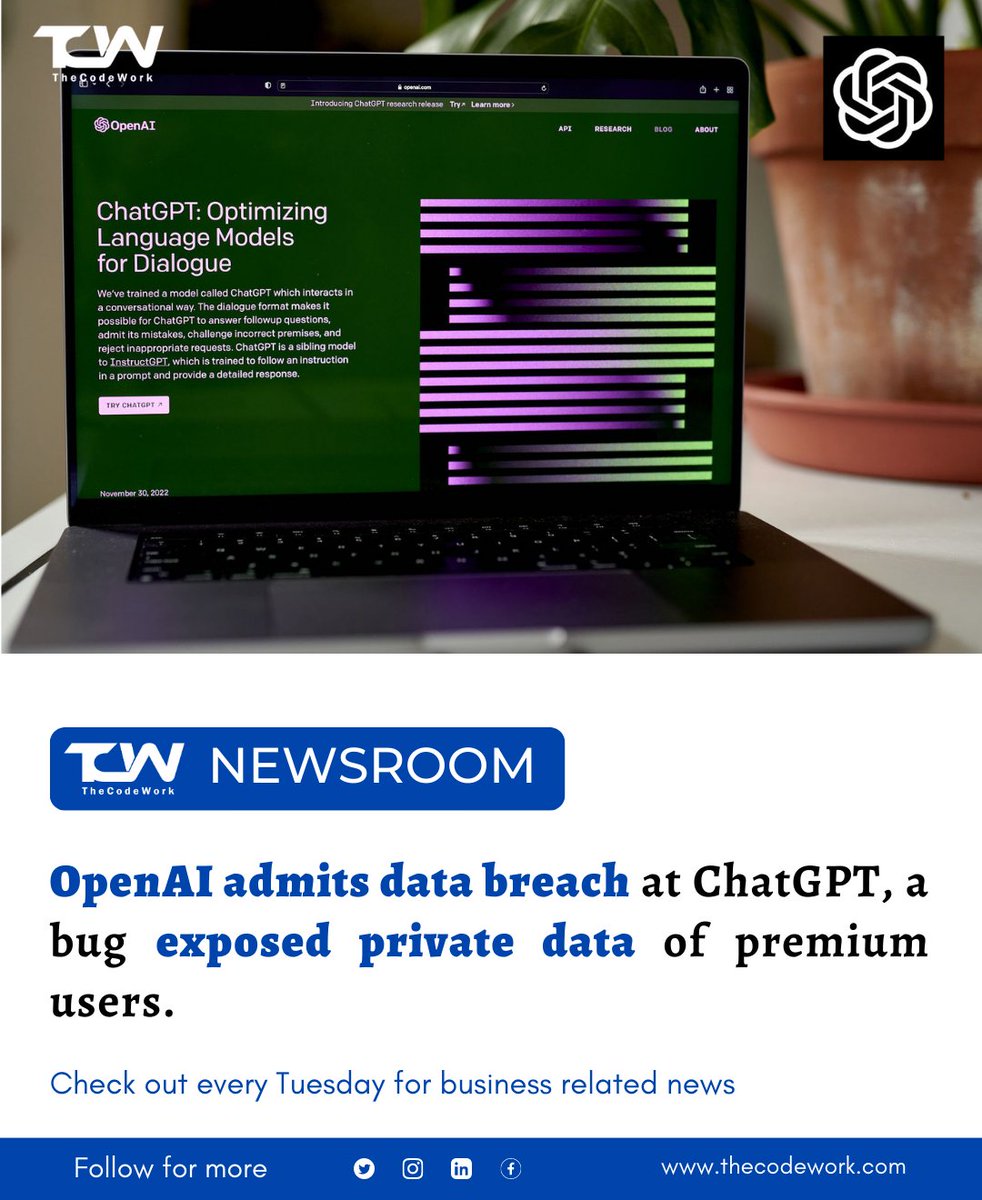 thecodework's tweet photo. 📌Data breach by ChatGPT
According to OpenAI, chat history, names, email addresses, payment addresses, and the last four digits of credit cards were exposed.
👉Brought to you by https://t.co/gmruyVdgzT
#OpenAI #ChatGPT #chatgpt4 #thecodework https://t.co/NSjRDzoJ9m