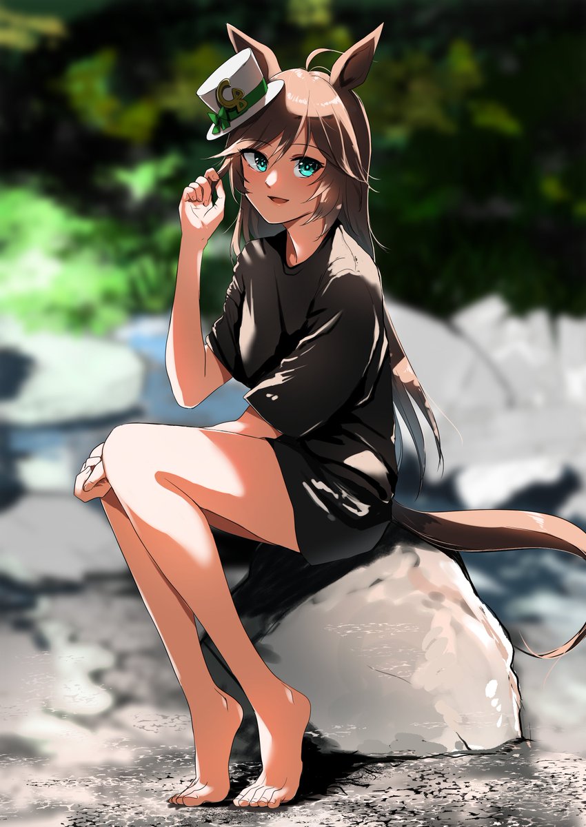 1girl solo hat horse ears animal ears tail barefoot  illustration images