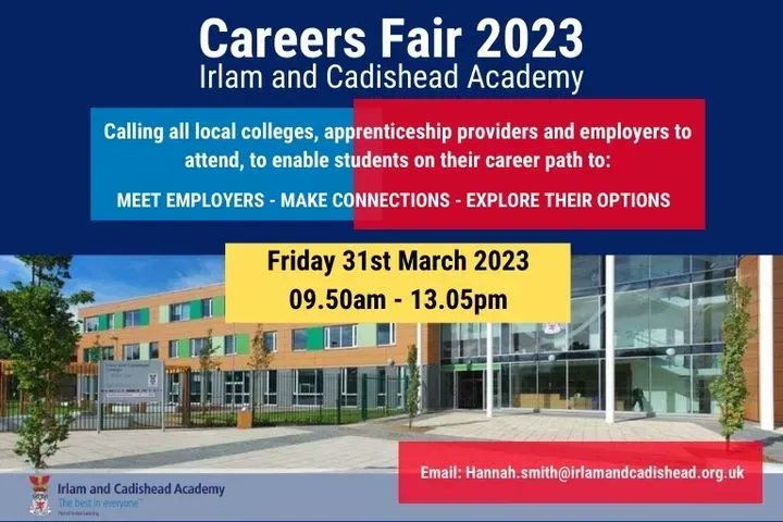 Calling all local colleges, apprenticeship providers and employers to attend our Careers Fair on Friday 31st March at 9.50am to 13.05pm!  Contact hannah.smith@irlamandcadishead.org.uk to book @SCC_Apprentices @cityskillsscc @PendSFCollege @WorsleyCollege @SalfordColleges