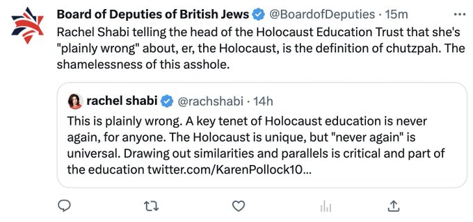 Worth reminding everyone yet again that the Board of Deputies, rather than being the voice of Jews, cannot accept jewish diversity of view and wants to impose a false homogeneity. They are arguably being,,er,,antisemitic here. The mask slipped: