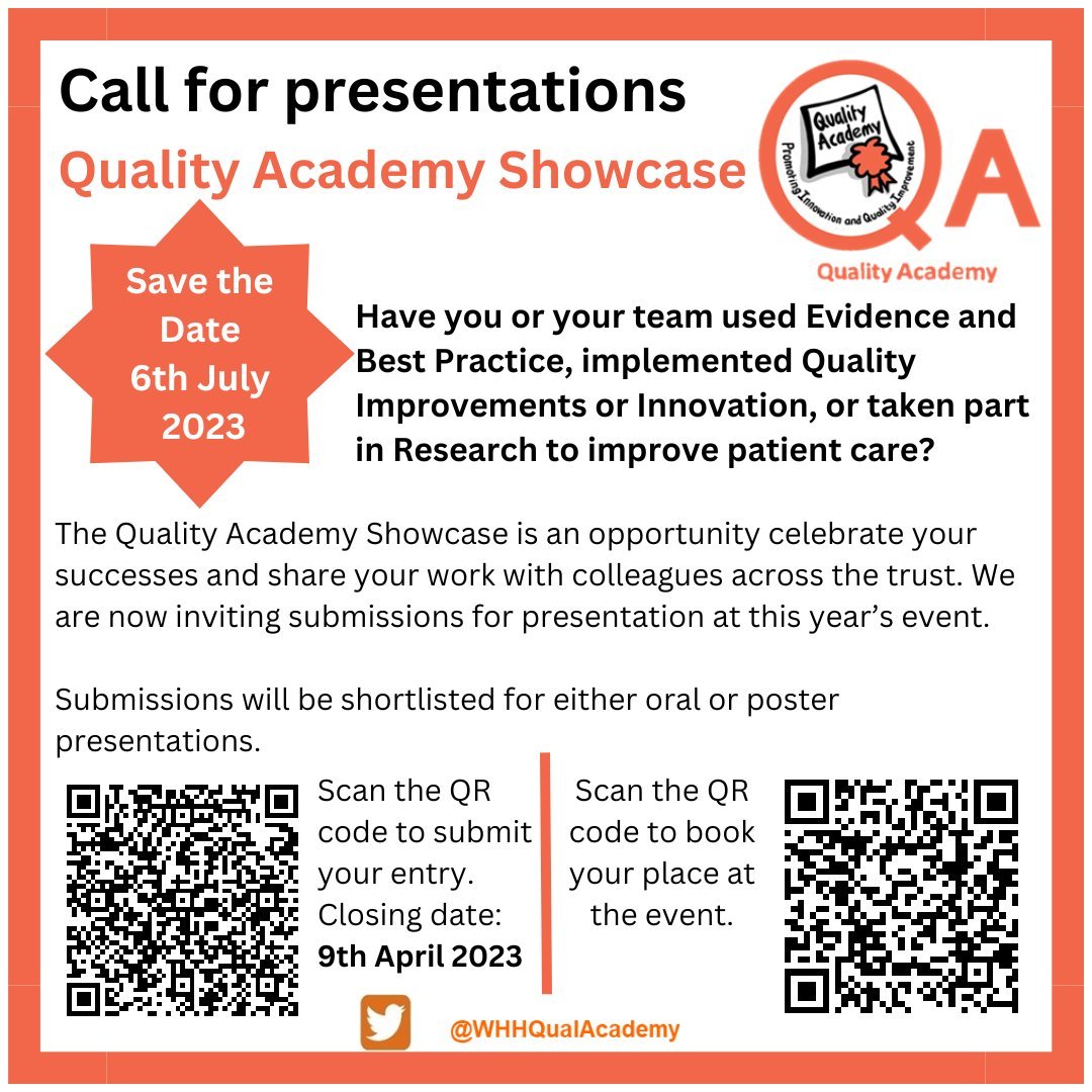 The Quality Academy Showcase is back for 2023! WHH staff save the date and join us on 06/07/2023 as we showcase some of the fab work going on at <a href="/WHHNHS/">WHH 🏥</a>👏To submit your project for consideration visit bit.ly/QAShowcase 🥳
<a href="/WHHResearchTeam/">WHH RD&I</a>
<a href="/whh_Audit/">WHHClinicalAudit</a>
<a href="/WHHKES/">WHH Knowledge & Evidence Service</a>
<a href="/Kimberley_S_J/">Kimberley S-Jamieson</a>