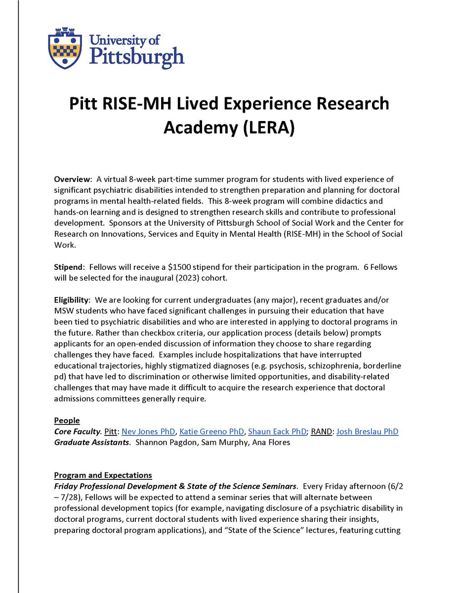 Nev Jones PhD (@viscidula) on Twitter photo Delighted to announce open applications for the <a href="/PittSocialwork/">Pitt Social Work</a> Lived Experience Research Academy (LERA). Summer research devt program for current/recent undergrads & MSW students with lived experience. Details below & key info in 🧵 & huge 🙏 to Dean <a href="/BetsyPitt/">Betsy Farmer</a> 1/x Delighted to announce open applications for the <a href="/PittSocialwork/">Pitt Social Work</a> Lived Experience Research Academy (LERA). Summer research devt program for current/recent undergrads & MSW students with lived experience. Details below & key info in 🧵 & huge 🙏 to Dean <a href="/BetsyPitt/">Betsy Farmer</a> 1/x