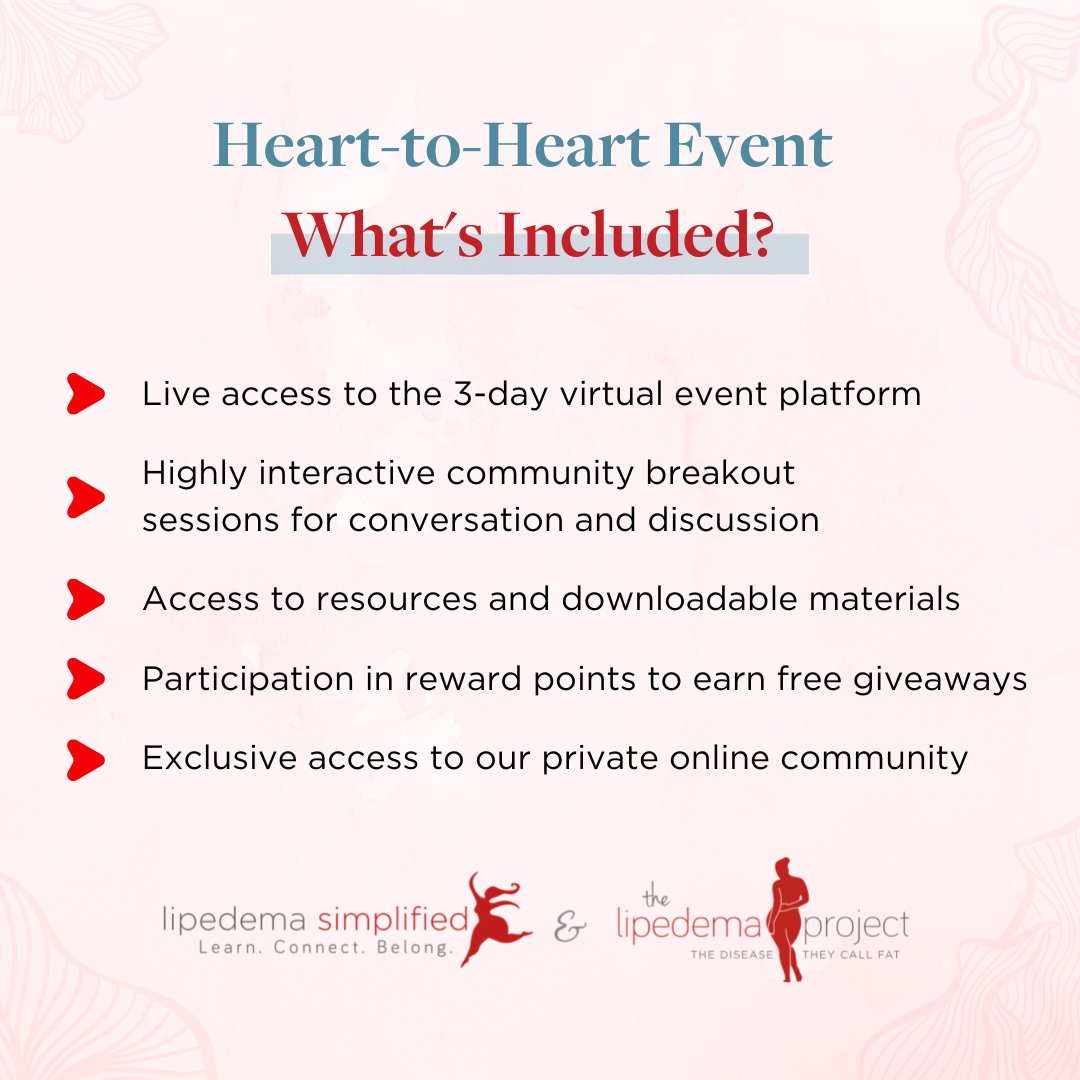 LipedemaNews's tweet image. Are you living w/ lipedema or lymphedema?
Do you want to learn more about the condition &amp;amp; how to manage it?

Join us for our Heart-to-Heart Event on March 31, April 1, &amp;amp; 2, 2023! 👉 learn.lipedema-simplified.org/lipedema-lymph…

#lipedema #lymphedema #interactiveevent #collaborativeevent #heart2heart